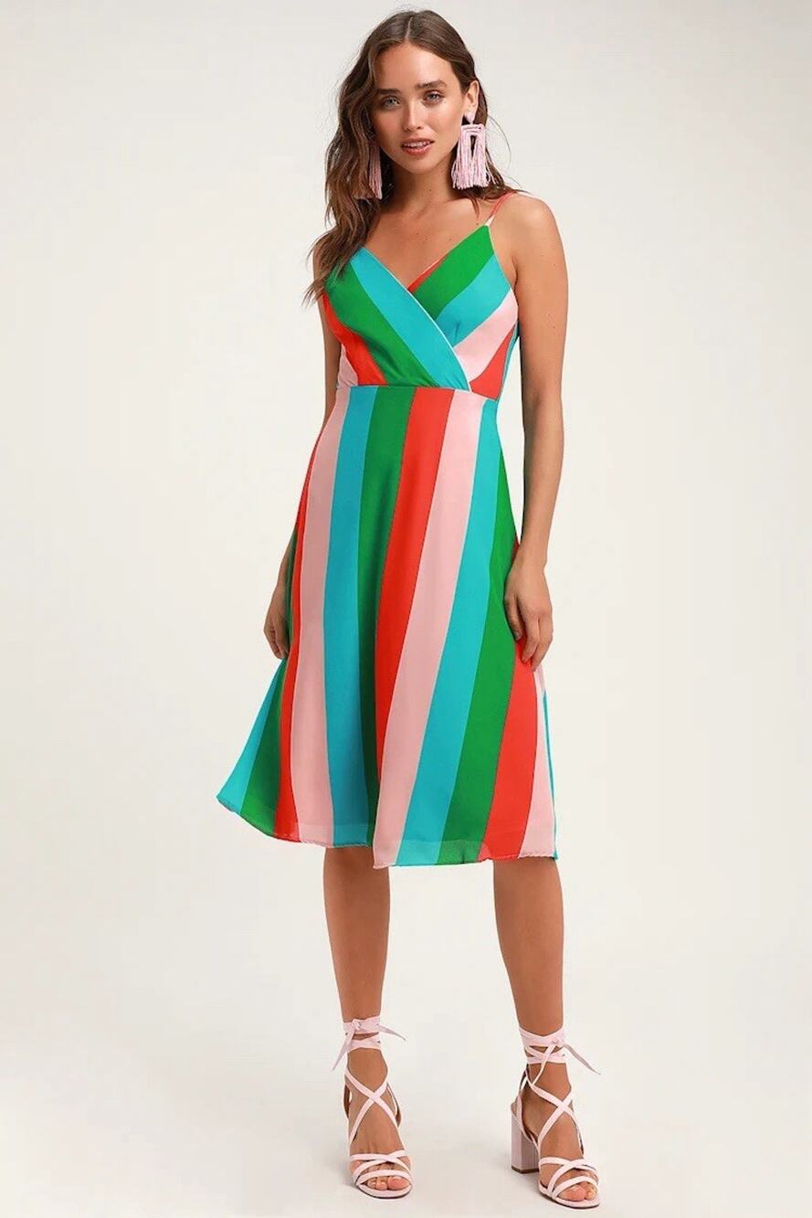 NEW Lulus Vivacious Veronica Green Multi-Striped Midi Dress Sleeveless Small